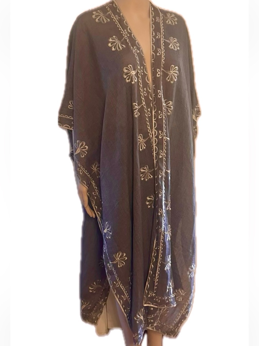 NATURAL LIFE Gray Embroidered Kimono  Poncho